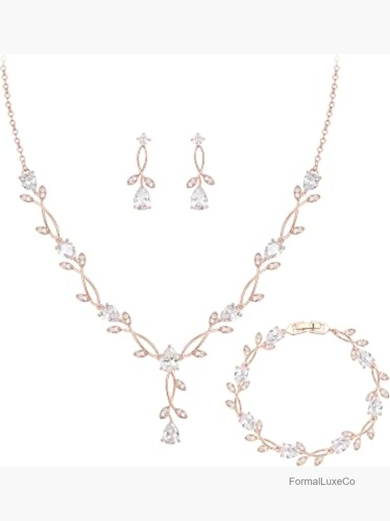 Cubic Zirconia Bridal Jewelry Set - Necklace Bracelet Earrings